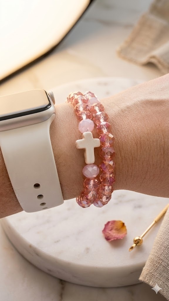 Pulsera artesanal Guayaba rosada con cruz de nácar