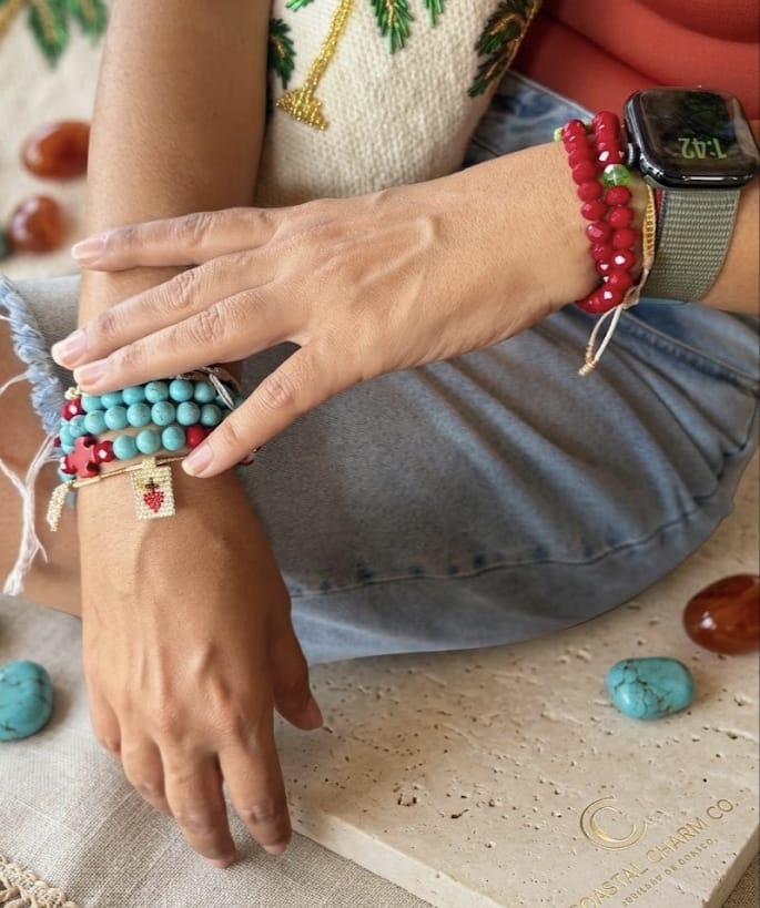 Pulseras artesanales Guayaba en rojo y turquesa